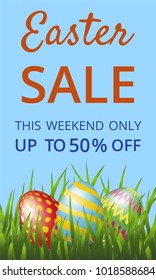 Easter sale web banner with easter eggs on blue background
