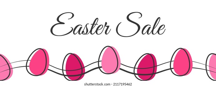 Easter sale web banner. Flat isolated vector template, pink egg with black outline, simple doodle drawing, graphic shape design illustration. Modern celebration background. Shopping marketing concept.