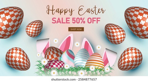 Easter Sale Web Banner, Spring Discount Promotion Design. Festive Easter Promotion, Social Media Post Template. Easter Discount Header, Bright Holiday Marketing Banner