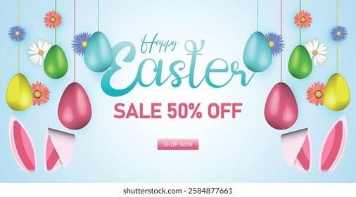 Easter Sale Web Banner, Spring Discount Promotion Design. Festive Easter Promotion, Social Media Post Template. Easter Discount Header, Bright Holiday Marketing Banner