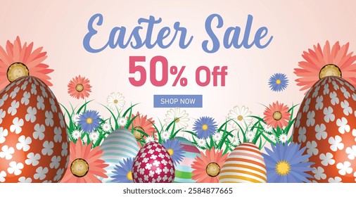 Easter Sale Web Banner, Spring Discount Promotion Design. Festive Easter Promotion, Social Media Post Template. Easter Discount Header, Bright Holiday Marketing Banner