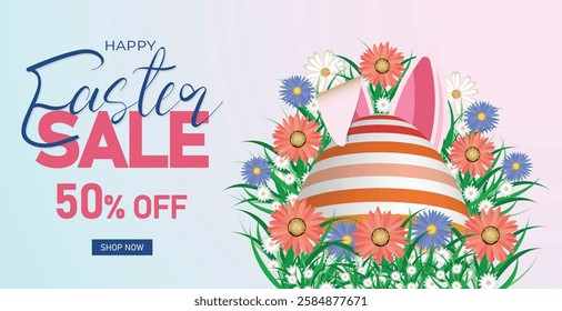 Easter Sale Web Banner, Spring Discount Promotion Design. Festive Easter Promotion, Social Media Post Template. Easter Discount Header, Bright Holiday Marketing Banner