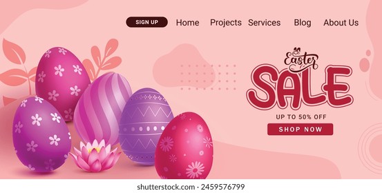 Easter sale website vector design. Easter sale text website wall paper for shopping button and icon wallpaper background. Vector illustration easter sale advertisement.
