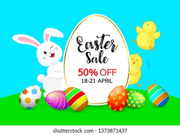 Easter sale with white rabbit and little chicks. Cartoon  character design with oval shape banner. Illustration isolated on blue background.