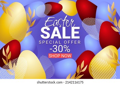 Easter Sale wreath with color Easter eggs and branch. Easter Sales special offer text design with hand lettering for business, holiday shopping, promotion and advertising. Vector illustration.