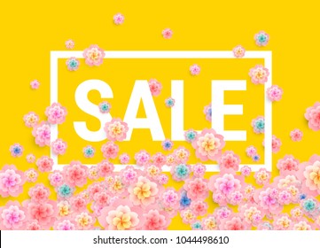 Easter sale yellow background with colorful spring flowers - vector season sale banner / tag to catch attention