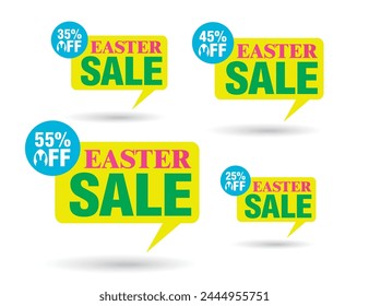 Easter sale. Yellow tag speech bubble. Set of 25%, 35%, 45%, 55% off discount. Vector illustration