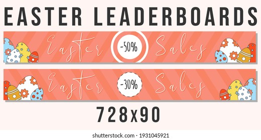 Easter sales 2022 banner. Two leaderboards. Horizontal templates for web. Size 728 x 90. Colorful tasty Easter eggs. Flat cartoon design. Trendy vector illustration