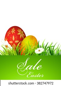 Easter sales, advertising vector template eggs on grass