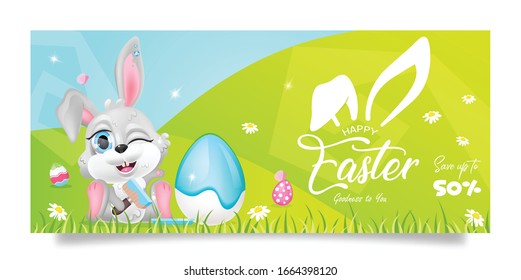 Easter sales banner flat vector template. Springtime festive banner design with cartoon kawaii character. Bunny with eggs on grass. Printable postcard, Pascha holiday discount offer, horizontal poster