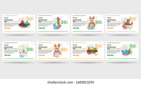 Easter sales and discount week, collection horizontal discount banners with Easter icons, buttons, copy space and liquid abstract shapes