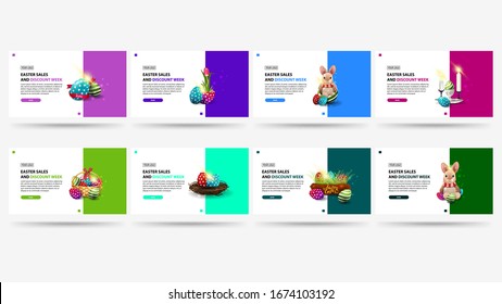 Easter sales and discount week, large set colorful discounts banner in minimalism style with Easter icons and buttons. Simple stylish discount banner for website