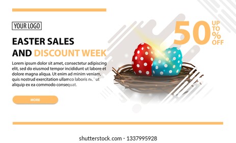 Easter sales and discount week, modern white horizontal discount banner with button and Easter eggs in the nest