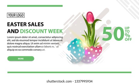 Easter sales and discount week, modern white horizontal discount banner with button and tulip growing from Easter egg