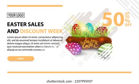 Easter sales and discount week, modern white horizontal discount banner with button and Easter eggs