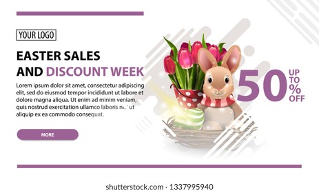 Easter sales and discount week, modern white horizontal discount banner with button, Easter Bunny and tulips