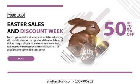 Easter sales and discount week, modern white horizontal discount banner with button and chocolate Easter Bunny