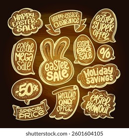 Easter savings, offers, and promotions hand drawn graphic vector elements set, golden colored Easter collection