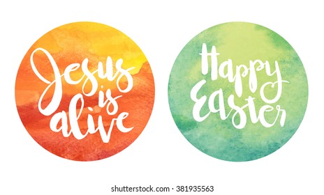 Easter sayings and brush lettering in vector watercolor circles