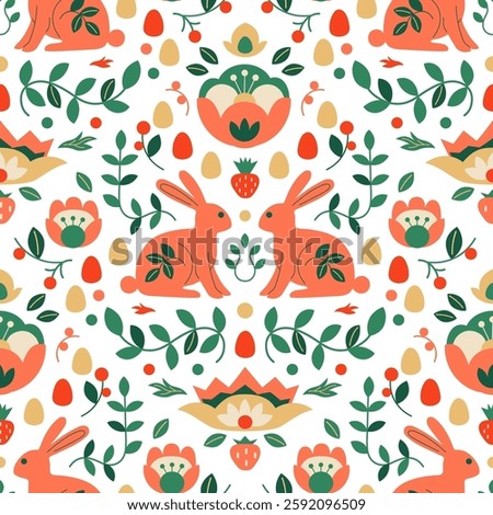 Easter scandi pattern with bunny, flowers and eggs. Hand-drawn vector illustration in flat style.