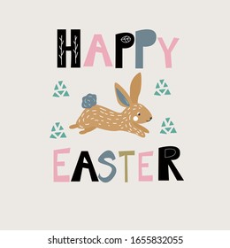 Easter Scandinavian style ,hare runs, poster banner for Easter, lettering