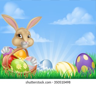 Easter scene with Easter bunny with a basket full of decorated chocolate Easter eggs in a field