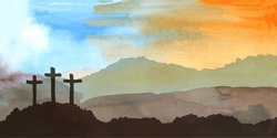 Easter scene with cross. Jesus Christ. Watercolor vector illustration  
