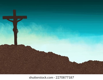 Escena de Pascua con cruz. Jesucristo. Ilustración vectorial de color de agua 