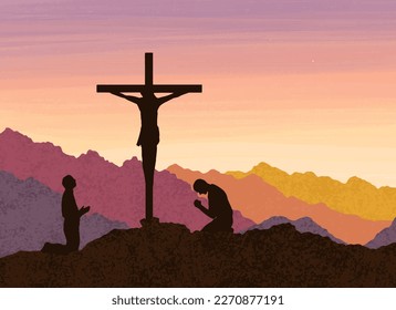 Escena de Pascua con cruz. Jesucristo. Ilustración vectorial de color de agua 