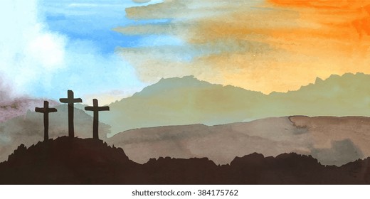 Easter scene with cross. Jesus Christ. Watercolor vector illustration  