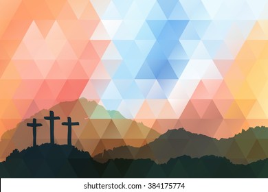 Easter scene with cross. Jesus Christ. Polygonal vector design.  