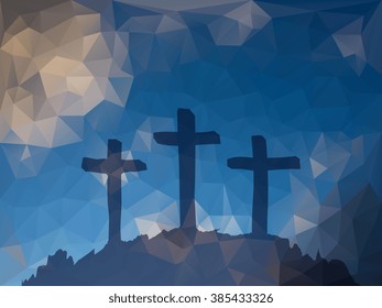 Easter scene with cross. Jesus Christ. Polygonal vector design. 