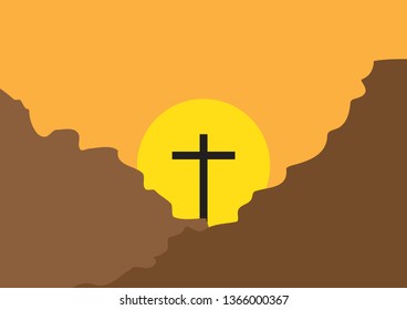 Easter scene with cross on mountain