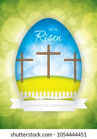 Easter scene with crosses on the hill.He is risen.Vector illustration.