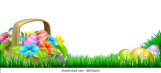 Easter Scene Footer Design. Basket Full Of Decorated Chocolate Easter Eggs And Flowers In A Field