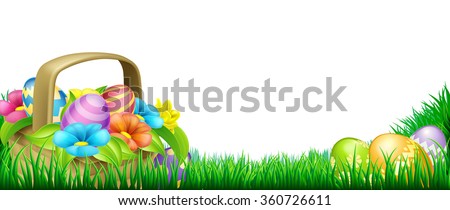Easter scene footer design. Basket full of decorated chocolate Easter eggs and flowers in a field