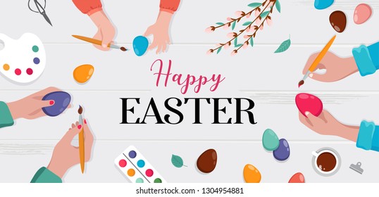 Easter scene - happy family preparing for Easter. Mother, father and daughters are painting eggs. Vector illustration