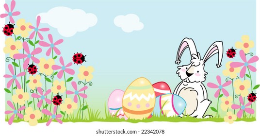 Easter scene - Rabbit with decorated eggs and flowers and ladybirds