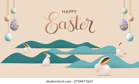Easter Scene With Rolling Hills Rabbits and Pastel Easter Eggs Greeting Card Illustration for Spring Holiday Background