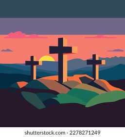 Easter Scene Three Crosses vector Illustration