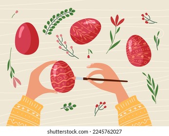 Easter scene. Woman decorate easter egg with paint brush on wooden table. Easter celebration preparation. Tradition of painting eggs. Flat vector illustration. Creative Personality workplace.