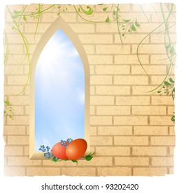 Easter scenery with blue sky in arc window and eggs