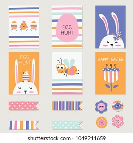 Easter scrapbook  set of cards  with cute rabbit, eggs, flower, bee and design elements