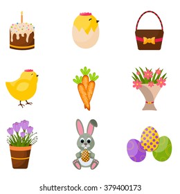 Easter scrapbook set of Eggs Chicks,Colorful Eggs, Yellow Chick ,Crocus, Easter Cake, Bunny Rabbit,carrots, a bouquet of flowers,Basket with eggs