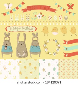 Easter scrapbook set - labels, ribbons, seamless patterns and other elements. Vector illustration.
