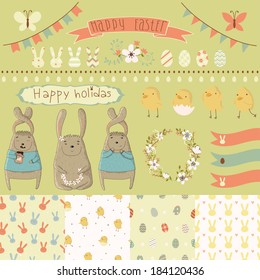 Easter scrapbook set - labels, ribbons, seamless patterns and other elements. Vector illustration.