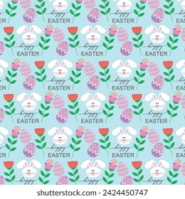 Easter seamles pattern with bunny, flowers and egg