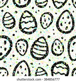 Easter seamless background. Brush drawn Easter eggs and colorful splash texture. Free hand drawing, endless pattern with Easter painted eggs and chaotic splashes.