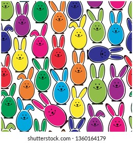 Easter seamless background with bunnies, eggs. Happy Easter. Vector illustration