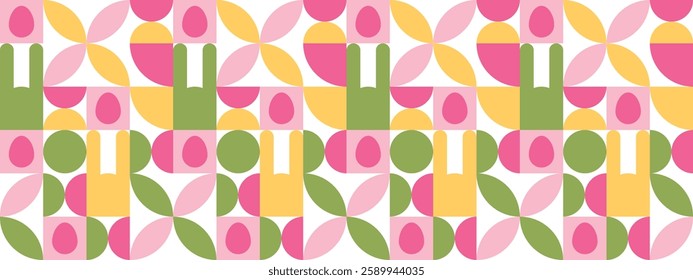 Easter seamless background with bunnies, eggs and geometric shapes. Geometric modern pattern for cards, banners and posters.
